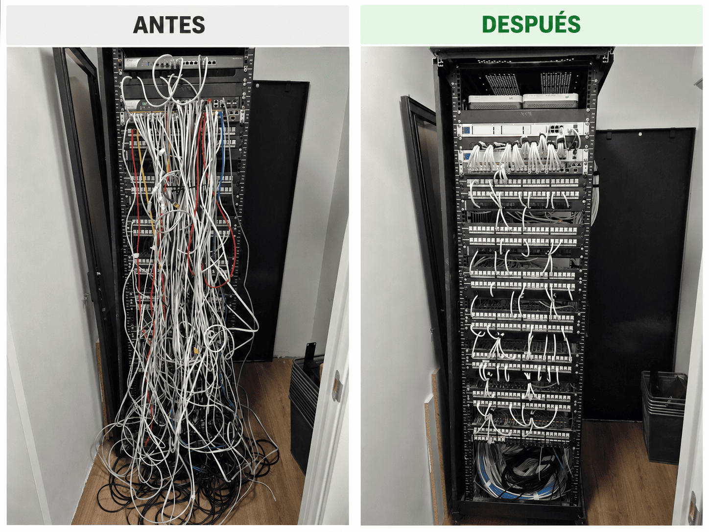 Antes y después de un saneamiento de rack de telecomunicaciones realizado por MF Telecomunicaciones en Madrid