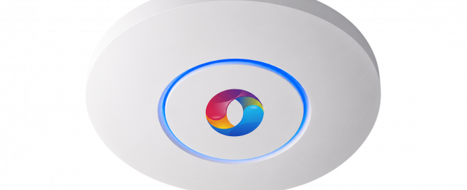Punto de acceso WiFi UniFi profesional con logotipo de MF Telecomunicaciones