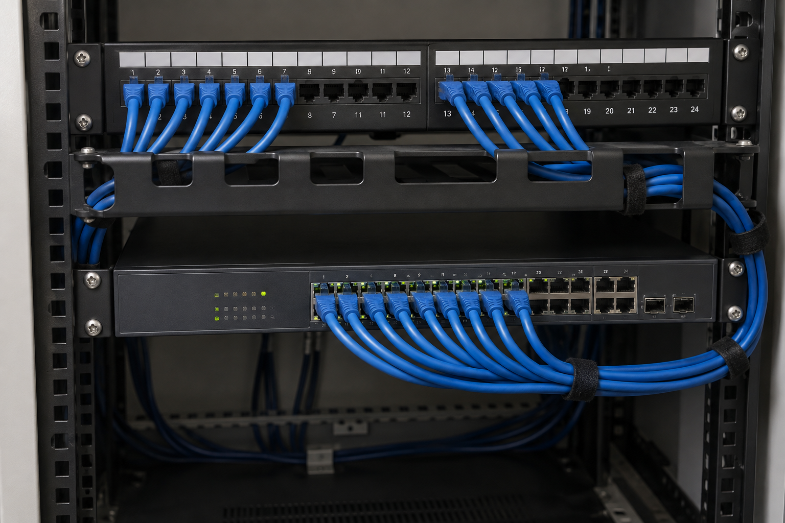 Ilustración de cableado Ethernet conectado a un panel y un switch de red