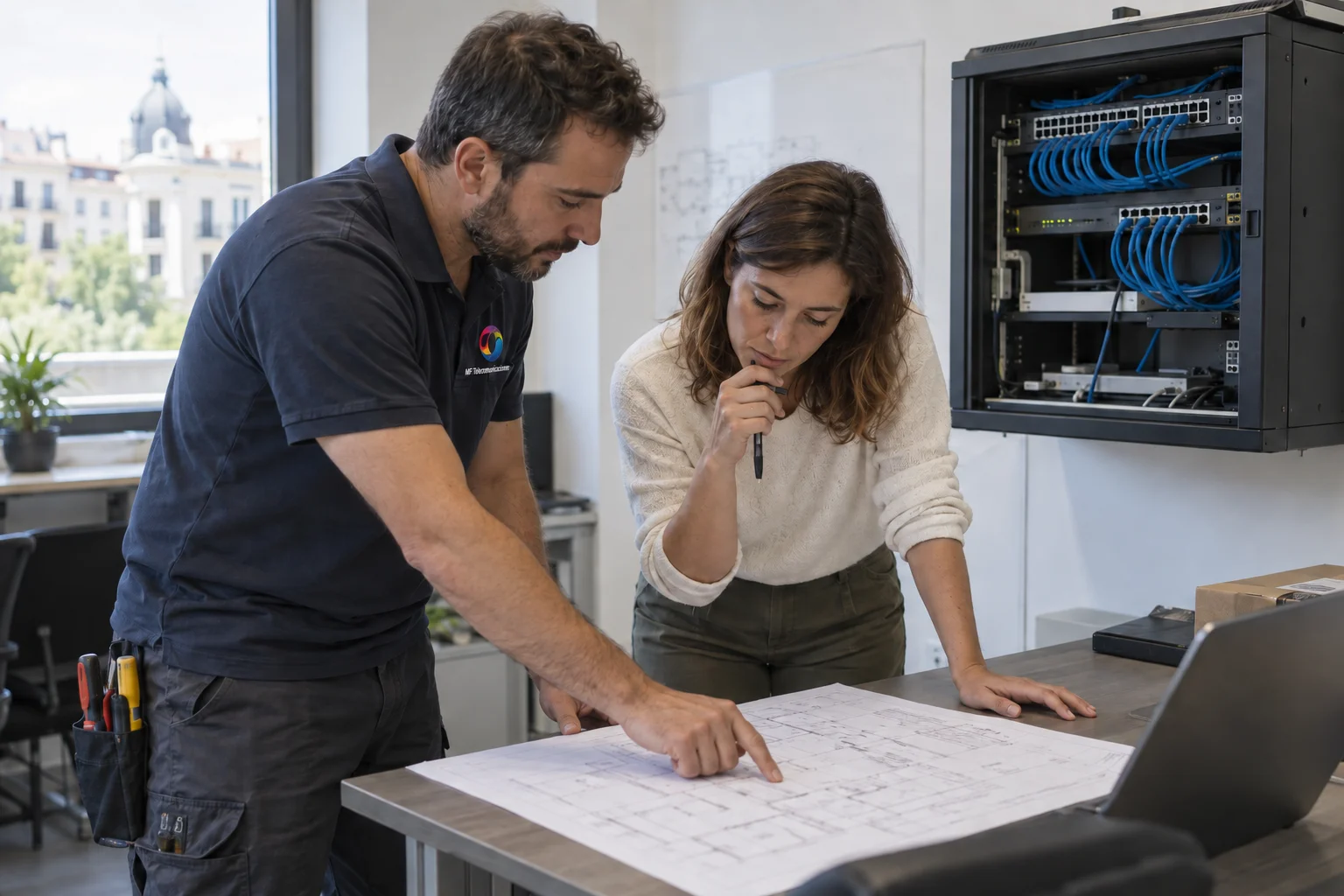 Técnico con polo de MF Telecomunicaciones revisando un plano de instalación junto a una colaboradora, imagen ilustrativa