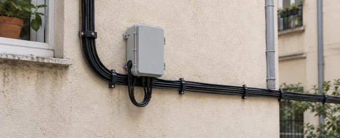 Cableado de telecomunicaciones organizado y fijado en una fachada