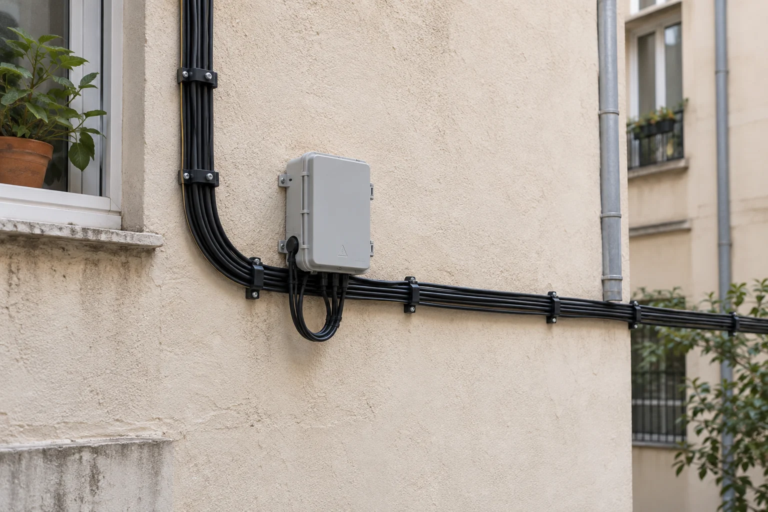 Cableado de telecomunicaciones organizado y fijado en una fachada