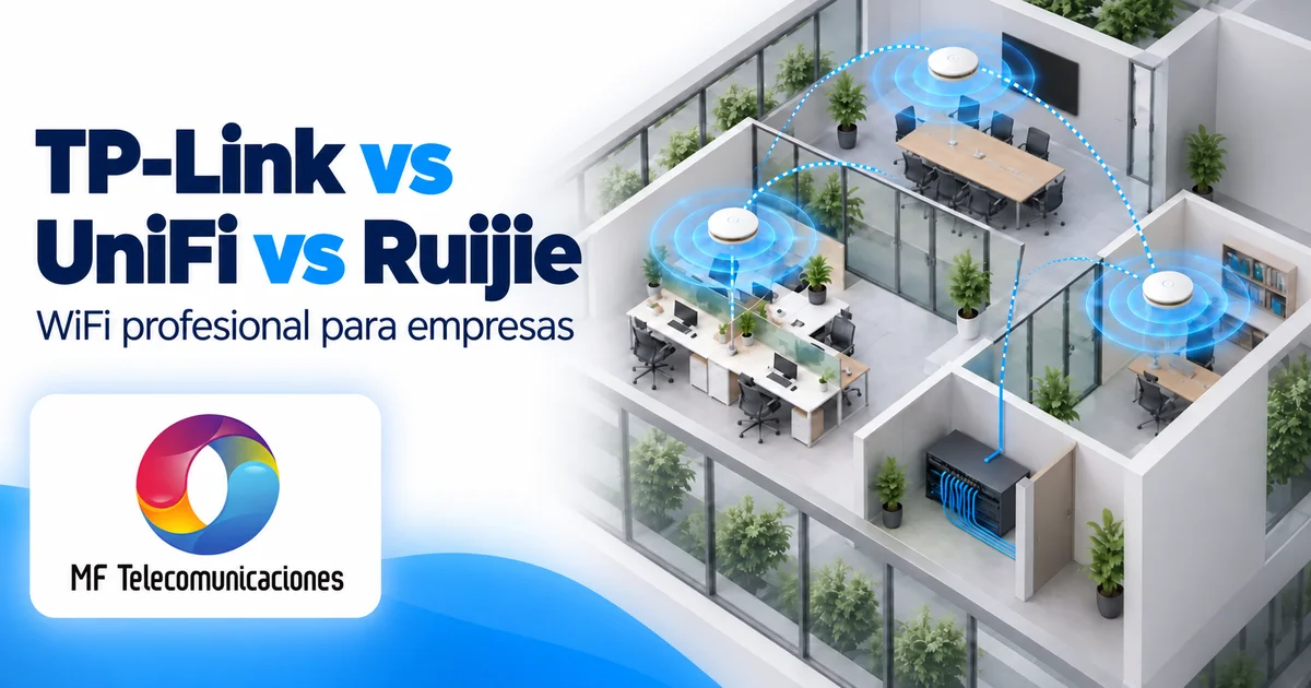 Comparativa TP-Link Omada, UniFi y Ruijie para WiFi profesional, con el logo de MF Telecomunicaciones y una oficina conectada