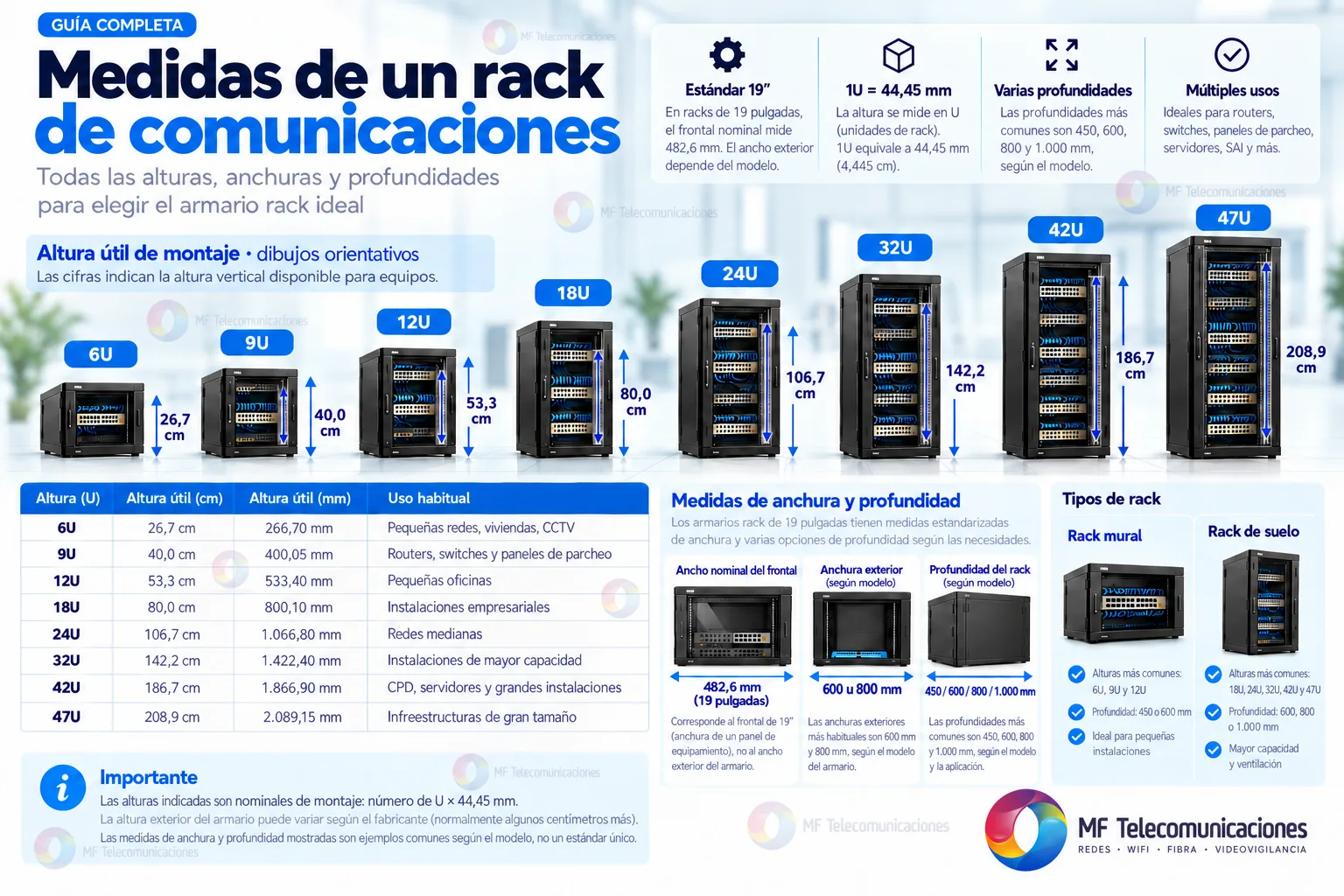 Infografía de medidas de racks de 6U a 47U: altura útil, frontal de 19 pulgadas y ejemplos de anchura y profundidad.