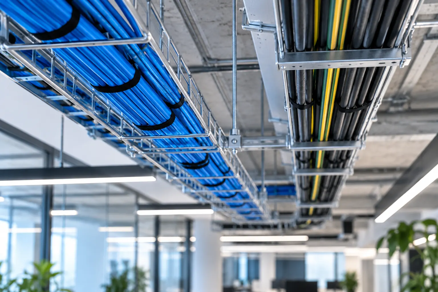 Bandejas independientes con cableado de red azul y cableado eléctrico en oficina moderna