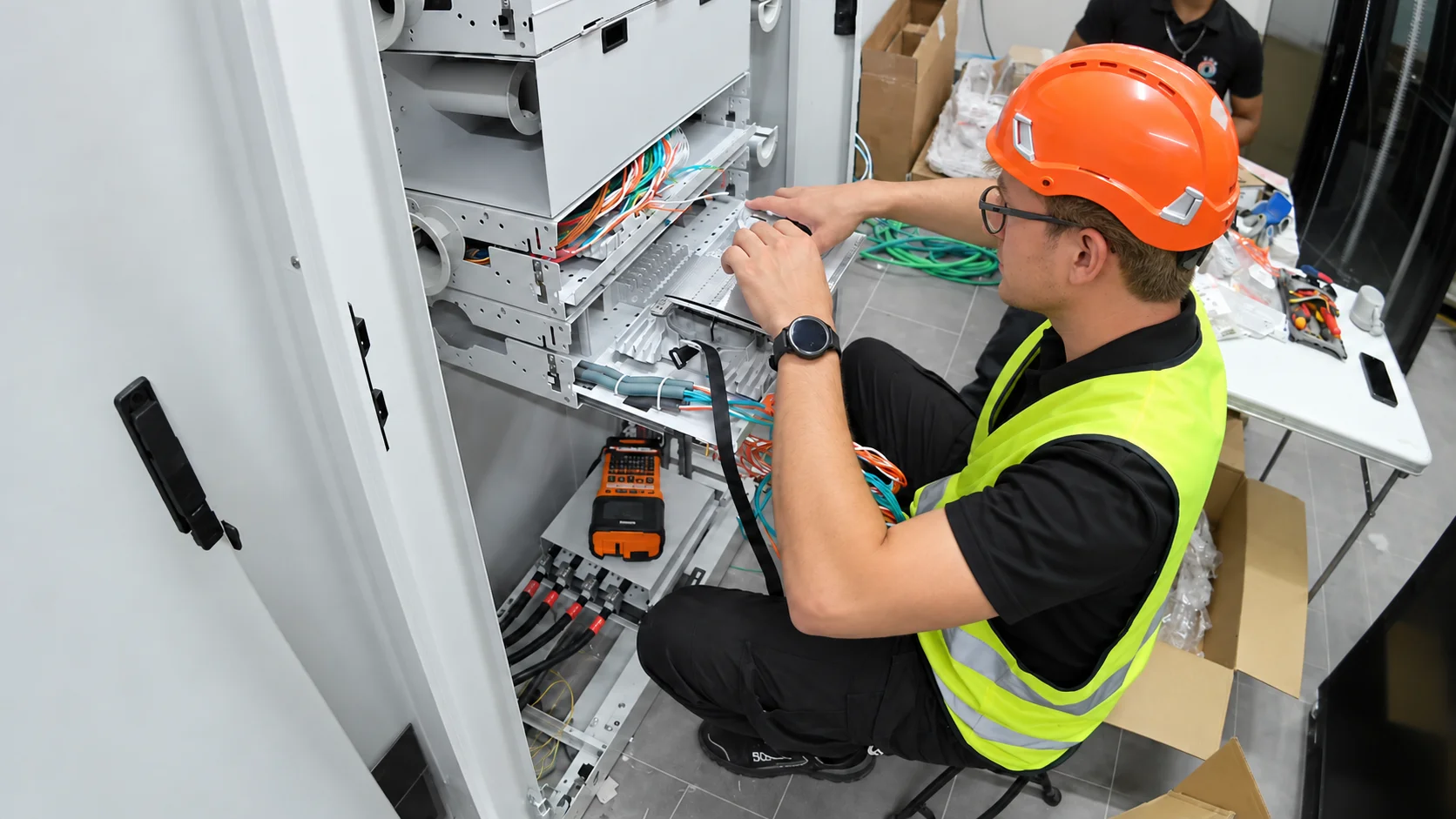 Técnico ajustando conexiones de fibra óptica en un rack de telecomunicaciones