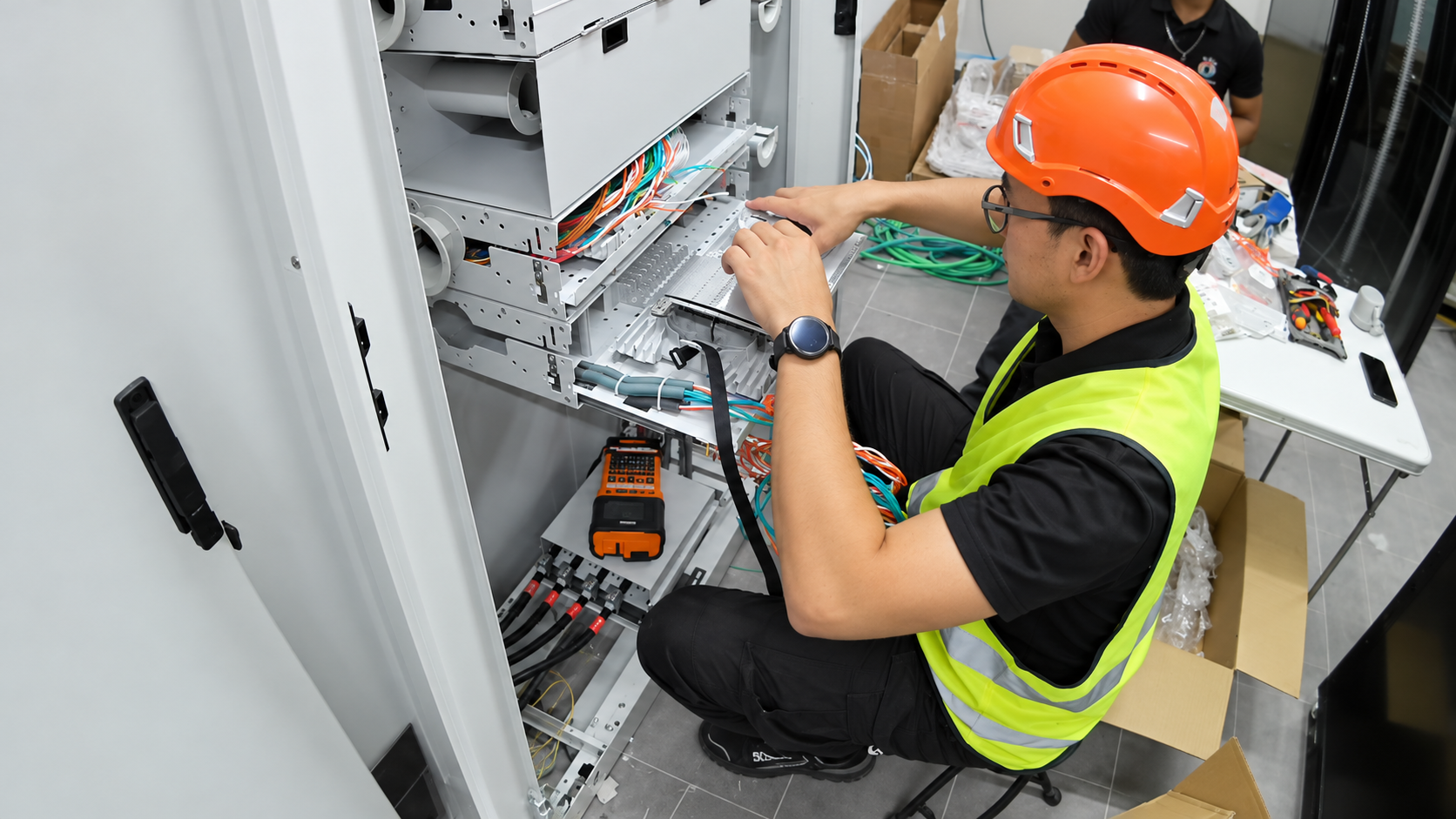 Técnico instalando cableado en un rack de telecomunicaciones