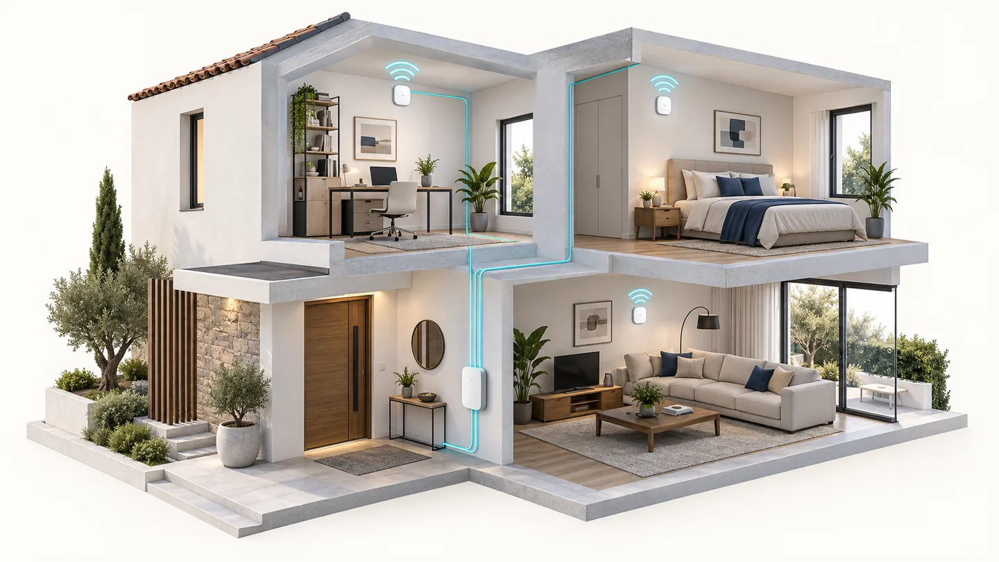 Ilustración de una vivienda con fibra óptica que conecta nodos WiFi en distintas habitaciones
